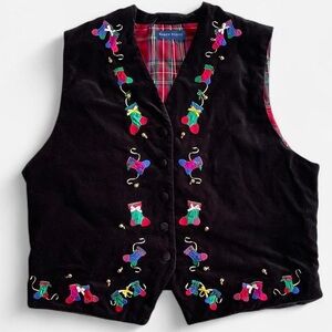Vintage Karen Scott Black Velvet Embroidered Christmas Stockings and Bells Vest